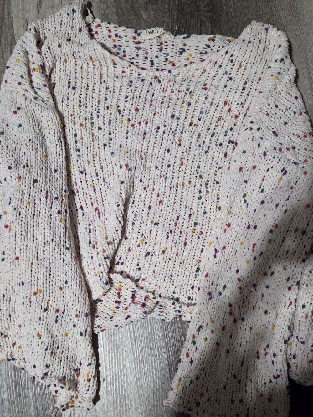 Peach Love California Cream Off-Shoulder Speckled Knit Sweater